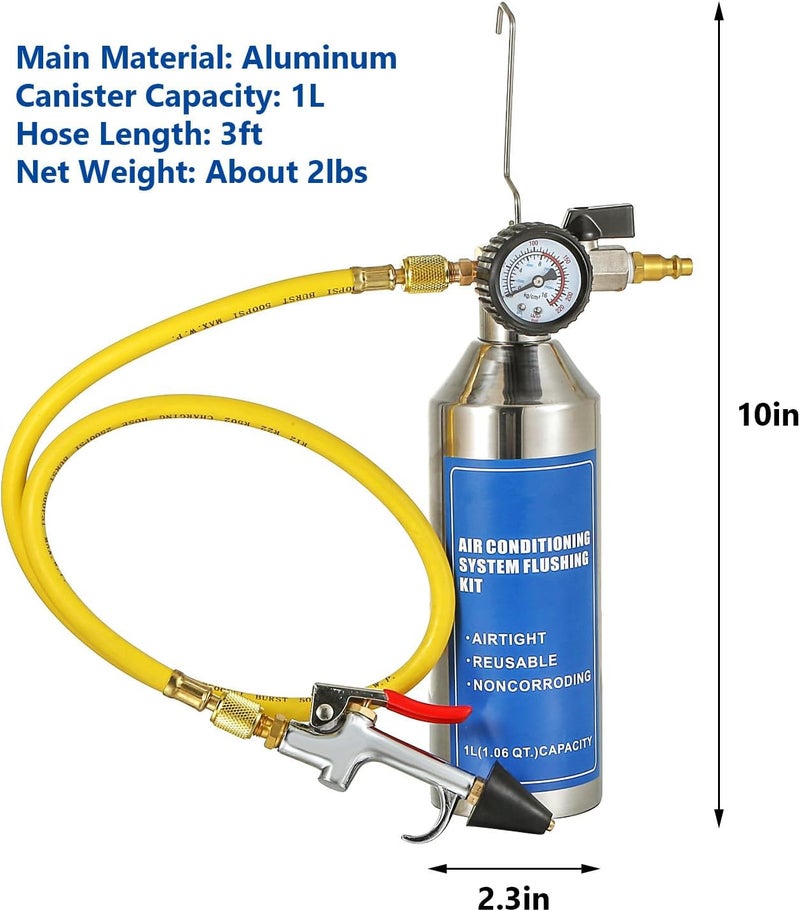 Gnhydxfe AC Flush Kit, Automotive air Conditioning Pipeline Cleaning Tool Home A/C Flush Tool,R134A R12 R22 R404 R410A AC System Flush Kit Can Tool with 220PSI Gauge, Air Fittings and Hose - Image 5